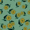 Random creative seamless pattern with yellow contoured sunflower shapes. Blue background. Bloom print