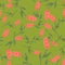 Random decorative seamless pattern with pink ear of wheat elements print. Green background. Plants print