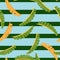 Random exotic foliage seamless pattern with green and orange fern leaves print. Striped blue background