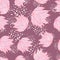 Random foliage bush seamless pattern. Pink contoured leaves on purple background with splashes