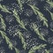 Random green herbal twigs silhouettes seamless pattern. Navy blue background with splashes
