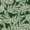 Random grey leaf branches silhouettes seamless doodle pattern. Dark green background. Doodle style