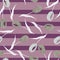 Random grey tulip flowers elements seamless doodle pattern. Purple pastel striped background