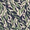 Random hand drawn monstera seamless pattern. Soft green and pink tones tropical figures on navy blue background