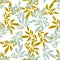 Random herbal seamless pattern with leaf branches. Yellow and blue botanic ornament on white background. Isolated backdrop