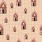 Random houses silhouettes seamless pattern. Doodle cottage ornament on pink background with check