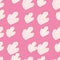 Random magic cartoon seamless pattern with white outline crystal silhouettes. Pink background