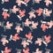 Random pink flowers chrysanthemum elements shapes. Navy blue background. Floral romantic backdrop