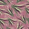 Random sea seamless pattern with underwater seaweed ornament. Green ocean foliage on purple background with splashes