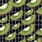 Random seamless abstract pattern with green kiwi slices elements. Black chequered background