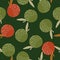 Random seamless abstract pattern with organic apple print. Green and red fruit shapes on dark green background