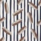 Random seamless bakery pattern with sweet eclairs. Tasty ornament in grey tones with chocolate glaze on monochrome striped