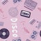 Random seamless disco pattern with ball, microphone, rollers, cassette, tape recorder, vinyl, record sornament. Purple and lilac