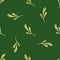 Random seamless doodle pattern with beige doodle leaves print. Green background. Herbal elements