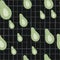 Random seamless fruit pattern with healthy avocados light green ornament. Black chequered background