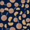 Random seamless pattern with beige colored apple elements. Navy blue colored background