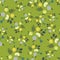 Random seamless pattern with blue and yellow apples and leaf elements. Green background. Fruit print