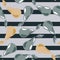 Random seamless pattern with grey and orange pear silhouettes on striped background