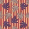 Random seamless pattern with grey and purple foliage autumn shapes. Striped red and orange background