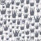 Random seamless pattern with pastel navy blue crown silhouettes. White background with check