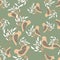 Random seamless pattern in pastel tones with beige birds on branches. Green olive background