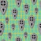 Random seamless war pattern with detailed grey shield ornament. Bright turquoise background with yellow check