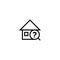 Random search house icon. home with magnifying glass and question mark symbol. simple clean thin outline style design.