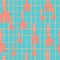 Random stylized garden seamless pattern with rake ornament. Bright pink details on blue chequered background