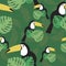 Random toucan seamless pattern, tropical flat vector stock illustration with exotic toucan bird with monstera leaves, palm
