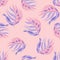 Random tropic seamless pattern with hand drawn blue colored leaves print. Pink background