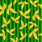 Random yellow simple leaf ornament seamless pattern. Green striped background. Doodle style