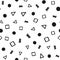 Randomly scattered geometric shapes. Hand-drawn triangle, square, zigzag, dot. Seamless pattern.