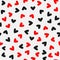 Randomly scattered hearts. Romantic seamless pattern. Red, black, gray. Vector illustration.