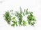 Range of fragrant garden herbs on a light background-tarragon, thyme, oregano, basil, sage, mint. Healthy ingredients, top view. C