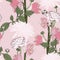 Ranunculus and lilies. Seamless pattern of vintage pink flowers.