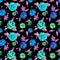 Ranunculus seamless pattern in blue and purple tones on a black background