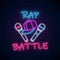 Rap battle neon sign with two microphones and baseball cap. Emblem of hip-hop music. Rap contest advertisement design