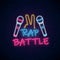 Rap battle neon sign with two microphones and yo gesture. Emblem of hip-hop music. Rap contest advertisement design