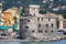 Rapallo castle seaside resort in Italy. Ancient 16th century building. Mediterranean Sea.