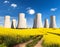 Rapesed field nuclear power plant cooling tower