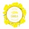 Rapeseed blossom flowers. Card template text. Round Circle badge Flowering Canola or colza. Brassica napus. Blooming rape