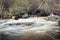 Rapid creek with cascades over rocks. Blur running water between wet boulder. Photo on long exposure. Small mountain river close-