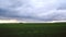 The rapid movement of the rain cloud during the rain. Rain cloud over the field.