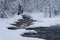 Rapid raging river flowing through snowy forest on cold winter gloomy day