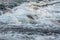 Rapid spring river flowing over rocks and drift tree branches on sunny day, forming white water waves, closeup detail - abstract