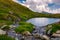 Rapid streams flow to lake Capra in mountains