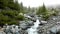 Rapids on quick mountain torrent in Alps, water is flowing over big white boulders and bubble