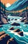 Rapids rushing through a rocky river gorge. illustration, landscape background, nature background