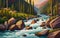 Rapids rushing through a rocky river gorge. Painting