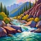 Rapids rushing through a rocky river gorge. Painting
